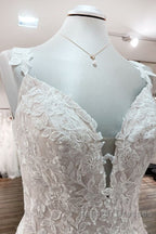 Beautiful Long A Line Tulle Lace V Neck Open Back Wedding Dress