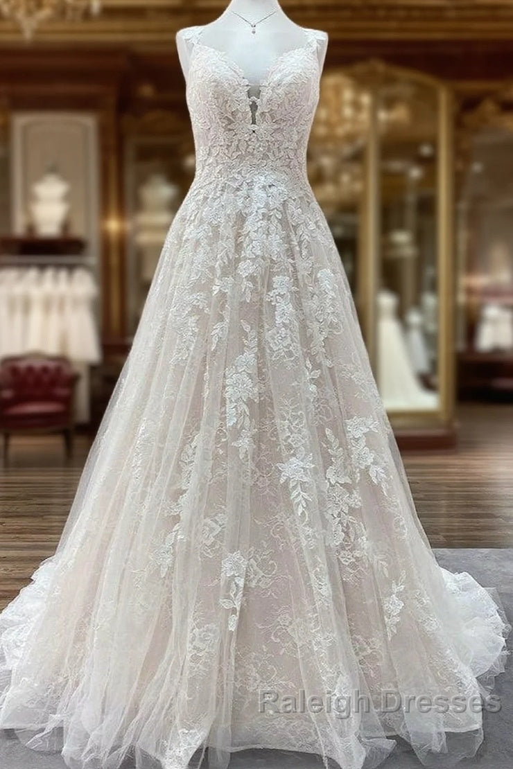 Beautiful Long A Line Tulle Lace V Neck Open Back Wedding Dress Main image
