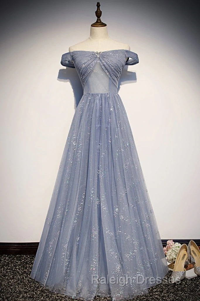 Beautiful Long Strapless Blue Tulle Beaded Long, A Line Off Shoulder Prom Dress Secondary image