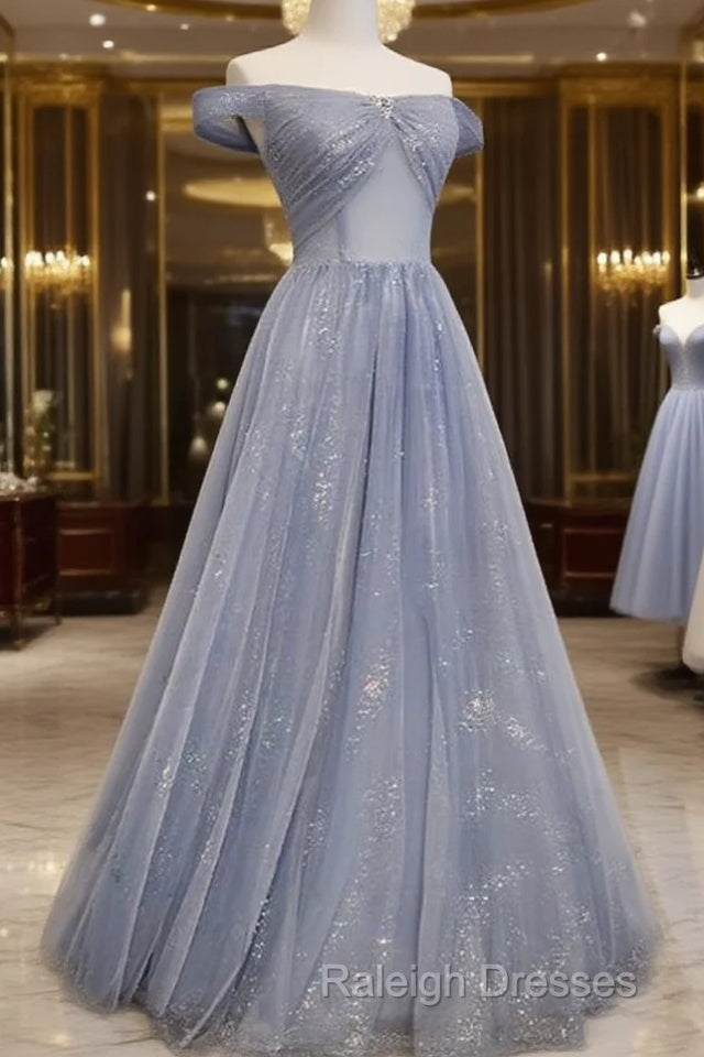 Beautiful Long Strapless Blue Tulle Beaded Long, A Line Off Shoulder Prom Dress Main image