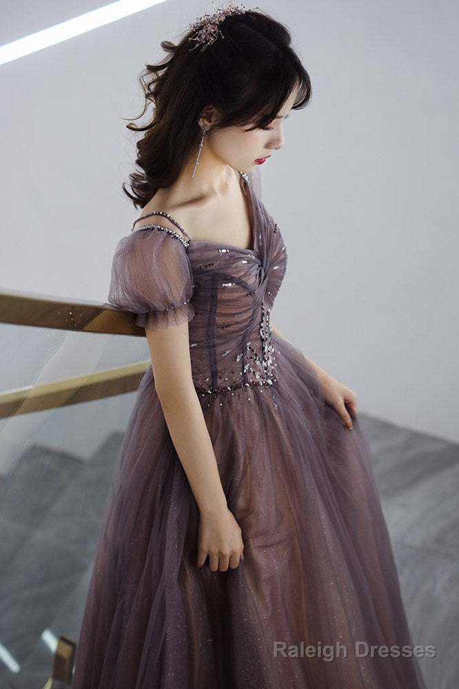 Beautiful Long Tulle Short Sleeves Beaded Junior Prom Dresses A-Line Prom Dress
