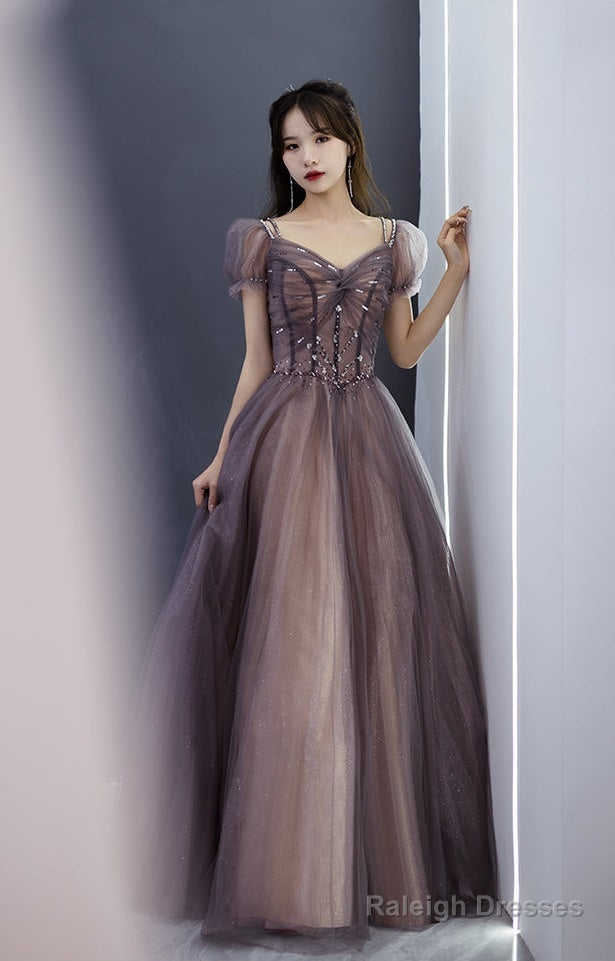 Beautiful Long Tulle Short Sleeves Beaded Junior Prom Dresses A-Line Prom Dress