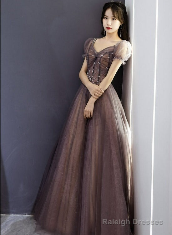 Beautiful Long Tulle Short Sleeves Beaded Junior Prom Dress, A-Line Evening Dresses Main image