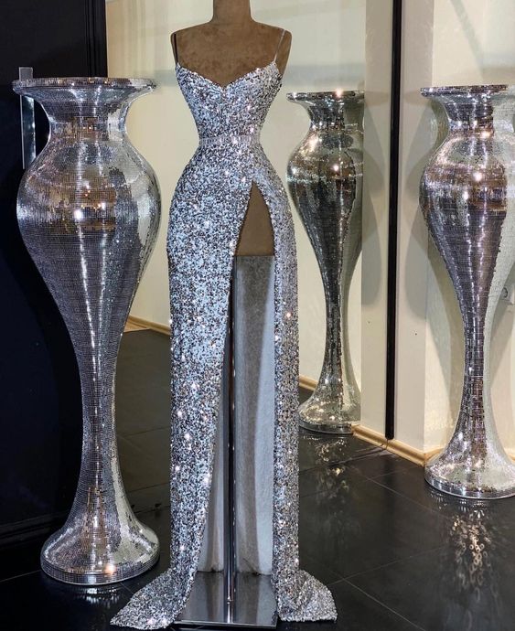 Beautiful Mermaid Spaghetti Straps Sparkly Sequins Long Prom Dress With Slit