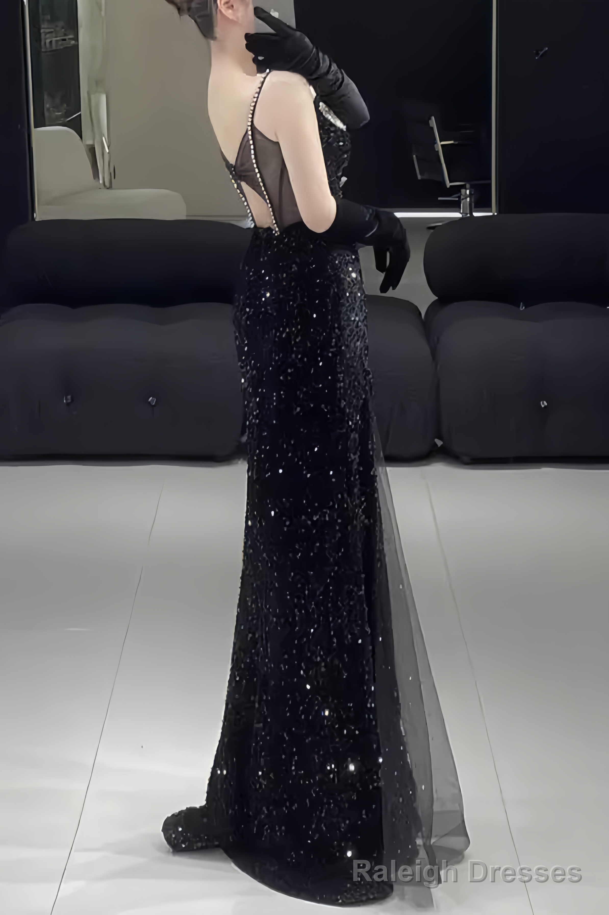 Beautiful Mermaid Straps Slit Black Long Prom Dress