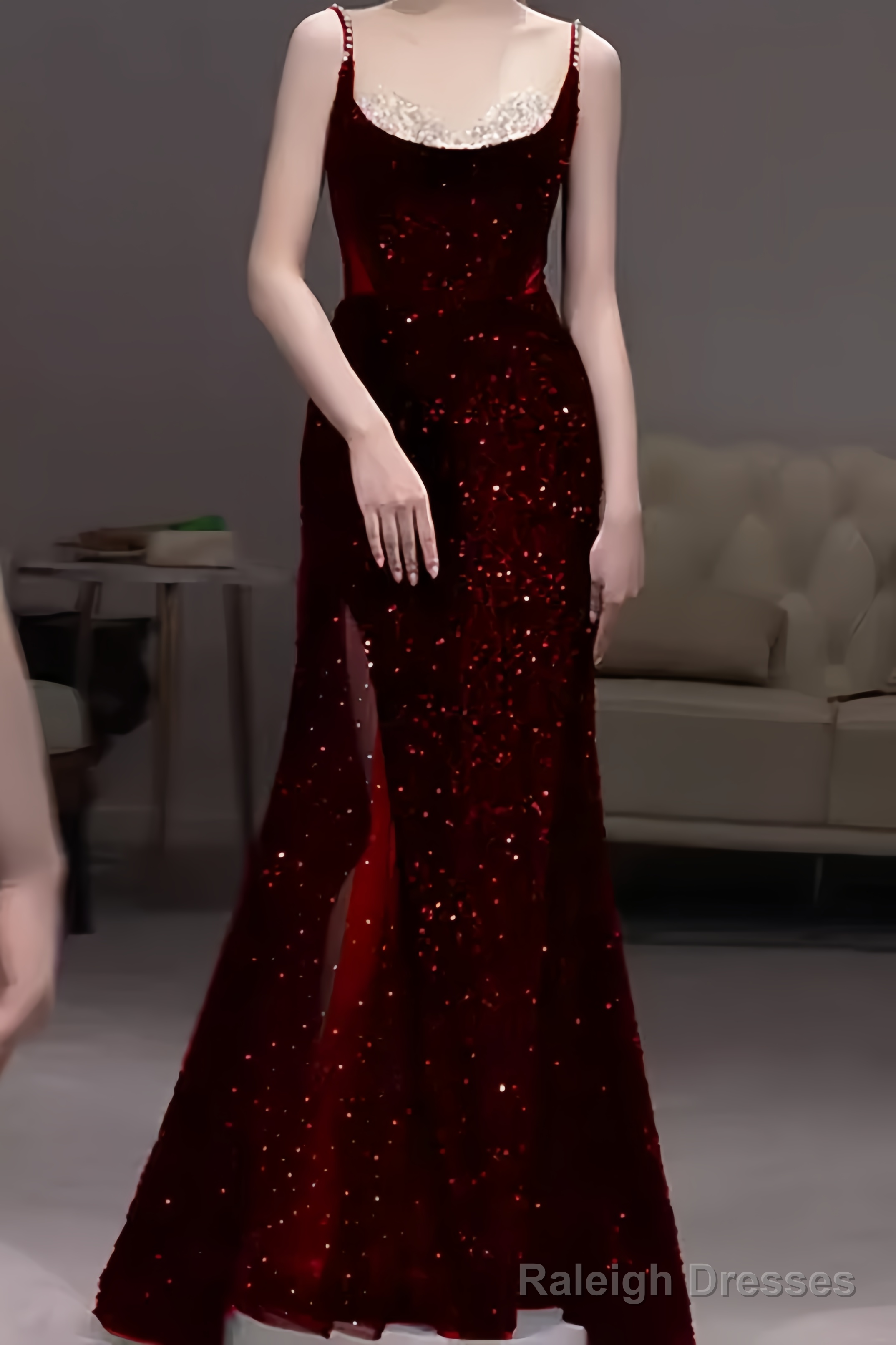 Beautiful Mermaid Straps Slit Burgundy Long Prom Dress