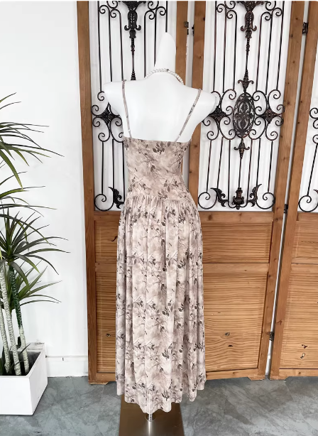 Beautiful Milk Tea Color Spaghetti Strap V-Neck Printed Satin Long Formal Prom Dress