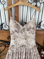 Beautiful Milk Tea Color Spaghetti Strap V-Neck Printed Satin Long Formal Prom Dress