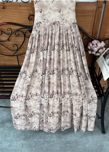 Beautiful Milk Tea Color Spaghetti Strap V-Neck Printed Satin Long Formal Prom Dress
