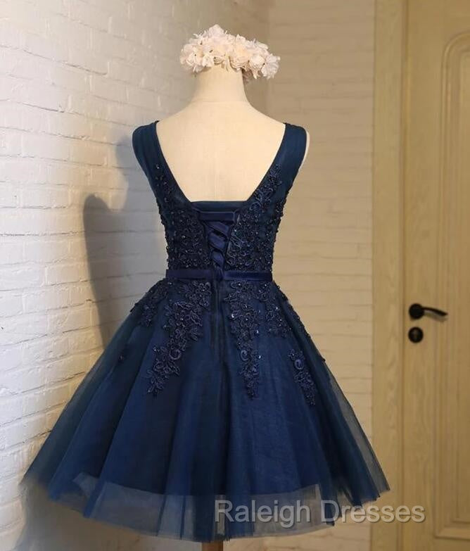 Beautiful Navy Blue Knee Length Homecoming Dresses, V-Neckline Short Formal Dresses Secondary image