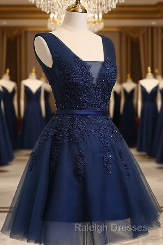 Beautiful Navy Blue Knee Length Homecoming Dress V-Neckline Short Prom Dress