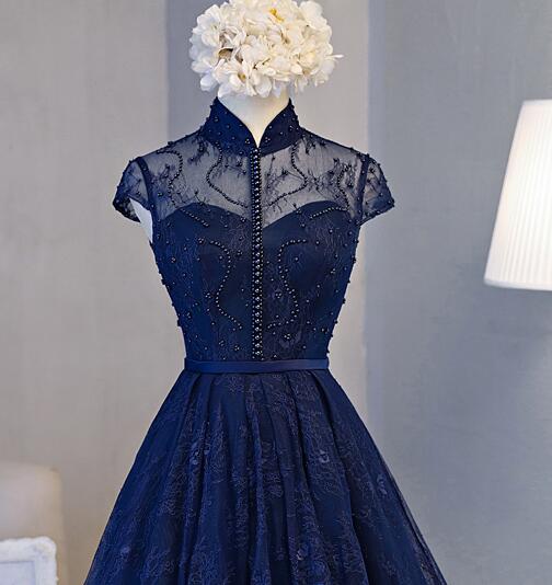 Beautiful Navy Blue Knee Length Lace Prom Dresses Homecoming Dresses Secondary image