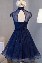 Beautiful Navy Blue Knee Length Lace Prom Dresses Homecoming Dresses