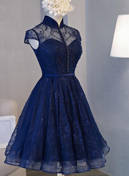 Beautiful Navy Blue Knee Length Lace Prom Dresses Homecoming Dresses Main image