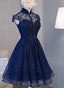 Beautiful Navy Blue Knee Length Lace Prom Dresses Homecoming Dresses