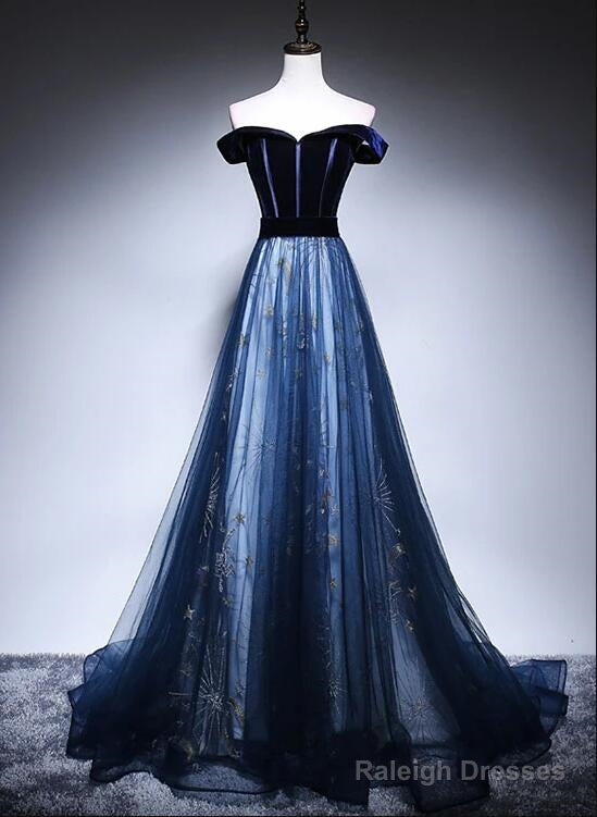 Beautiful Navy Blue Off Shoulder Long Party Dress, Long Prom Dress Main image