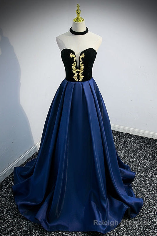 Beautiful Navy Blue Satin Halter Long Party Dress, Satin With Velvet Prom Dress