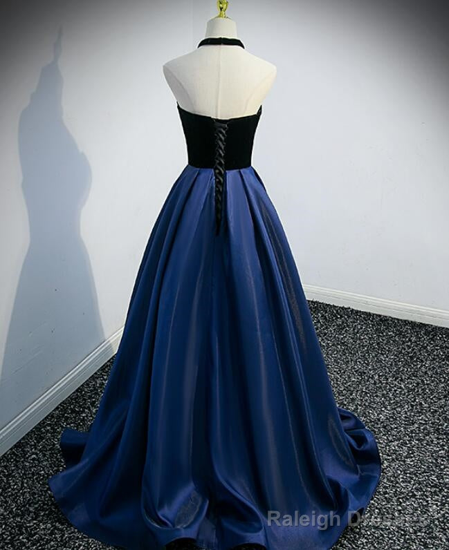 Beautiful Navy Blue Satin Halter Long Party Dress, Satin With Velvet Prom Dress