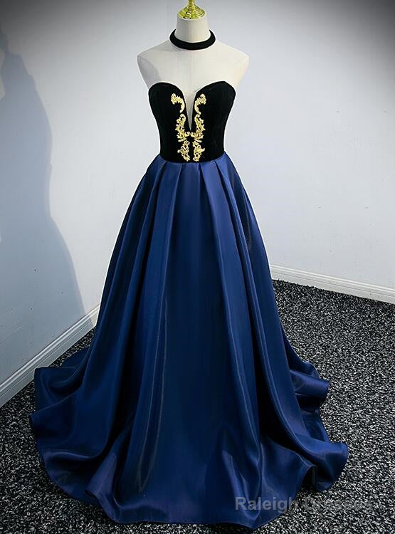 Beautiful Navy Blue Satin Halter Long Party Dress, Satin With Velvet Prom Dress Main image