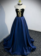 Beautiful Navy Blue Satin Halter Long Party Dress, Satin With Velvet Prom Dress