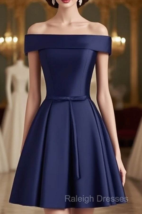 Beautiful Navy Blue Satin Knee Length Homecoming Dress, Blue Short Prom Dress Main image