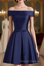 Beautiful Navy Blue Satin Knee Length Homecoming Dress, Blue Short Prom Dress