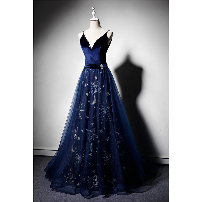 Beautiful Navy Blue Straps Velvet Long Prom Dress, Tulle Blue Evening Gown Secondary image