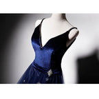 Beautiful Navy Blue Straps Velvet Long Prom Dress, Tulle Blue Evening Gown