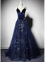 Beautiful Navy Blue Straps Velvet Long Prom Dress, Tulle Blue Evening Gown