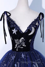 Beautiful Navy Blue Tulle Long Prom Dress, Spaghetti Straps Lace Flower Backless Formal Dress