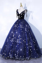 Beautiful Navy Blue Tulle Long Prom Dress, Spaghetti Straps Lace Flower Backless Formal Dress