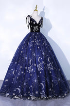 Beautiful Navy Blue Tulle Long Prom Dress, Spaghetti Straps Lace Flower Backless Formal Dress