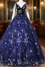 Beautiful Navy Blue Tulle Long Prom Dress, Spaghetti Straps Lace Flower Backless Formal Dress