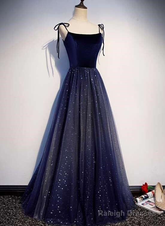 Beautiful Navy Blue Tulle Straps Long Velvet Party Dress, Blue Prom Dress