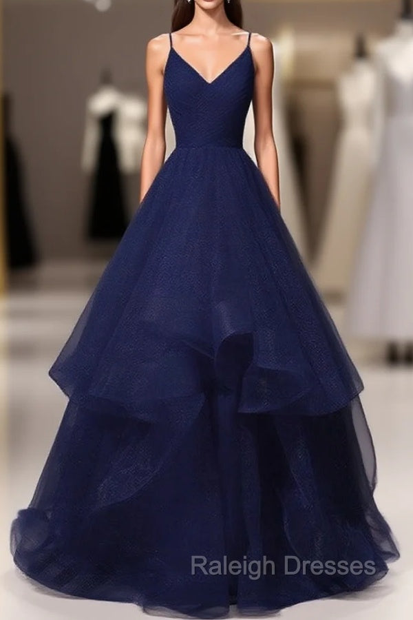 Beautiful Navy Blue Tulle V-neckline Straps Long Party Dress, Blue Formal Gown Main image