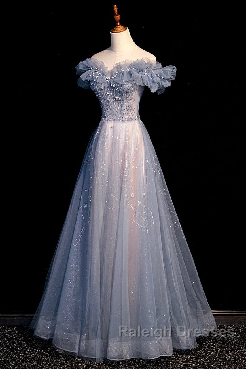 Beautiful Off Shoulder Puffy Sleeves Beaded Party Dress Prom Dress, Blue Evening Gown