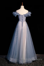 Beautiful Off Shoulder Puffy Sleeves Beaded Party Dress Prom Dress, Blue Evening Gown