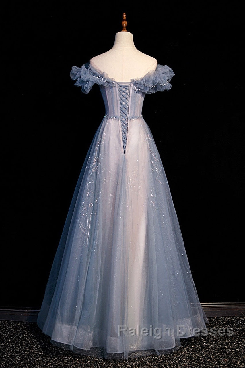 Beautiful Off Shoulder Puffy Sleeves Beaded Party Dress Prom Dress, Blue Evening Gown