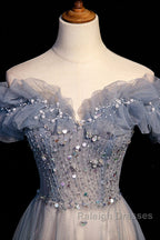 Beautiful Off Shoulder Puffy Sleeves Beaded Party Dress Prom Dress, Blue Evening Gown