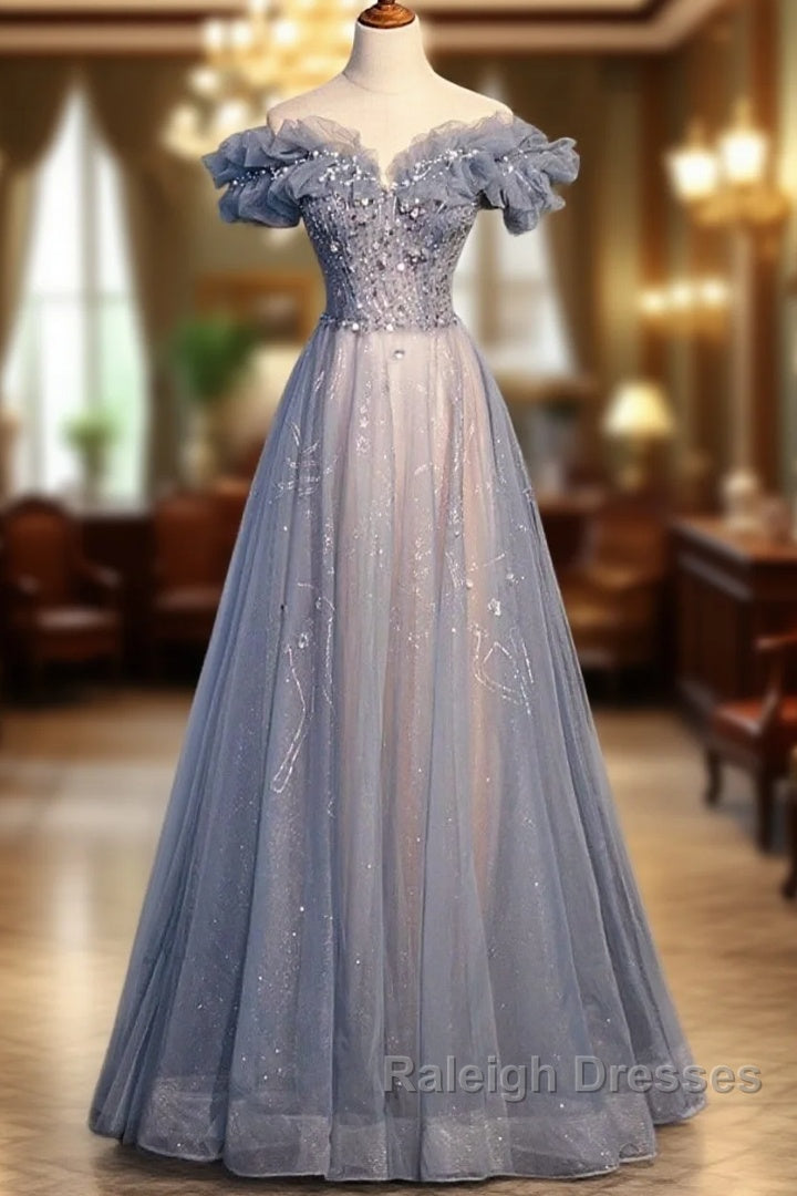 Beautiful Off Shoulder Puffy Sleeves Beaded Party Dress Prom Dress, Blue Evening Gown Main image