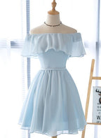 Beautiful Off Shoulder Simple Short Bridesmaid Dresses Lovely Blue Chiffon Prom Dresses