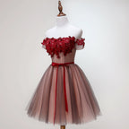 Beautiful Off Shoulder Tulle Knee Length Prom Dresses Red Homecoming Dresses With Applique