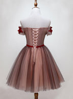 Beautiful Off Shoulder Tulle Knee Length Prom Dresses Red Homecoming Dresses With Applique