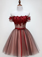 Beautiful Off Shoulder Tulle Knee Length Prom Dresses Red Homecoming Dresses With Applique