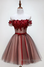 Beautiful Off Shoulder Tulle Knee Length Party Dress , Red Homecoming Dress With Applique
