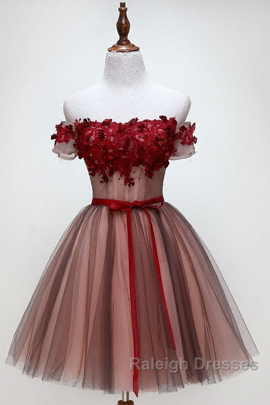 Beautiful Off Shoulder Tulle Knee Length Party Dress , Red Homecoming Dress With Applique