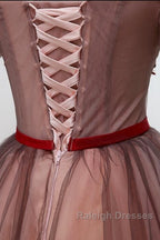 Beautiful Off Shoulder Tulle Knee Length Party Dress , Red Homecoming Dress With Applique