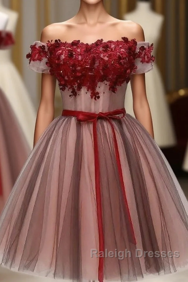 Beautiful Off Shoulder Tulle Knee Length Party Dress , Red Homecoming Dress With Applique Main image