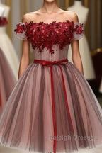Beautiful Off Shoulder Tulle Knee Length Party Dress , Red Homecoming Dress With Applique