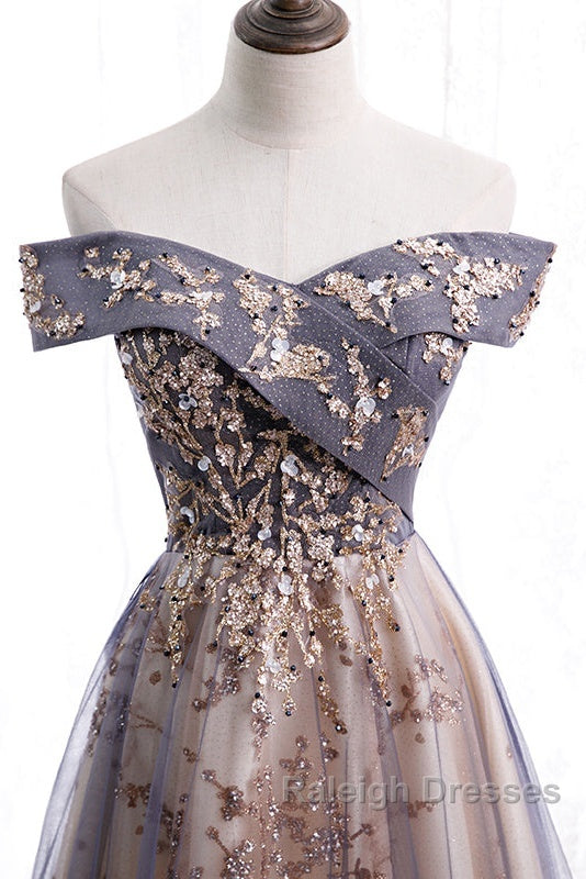 Beautiful Off Shoulder Tulle With Lace Long Evening Gown, Floor Length Prom Dresses Secondary image